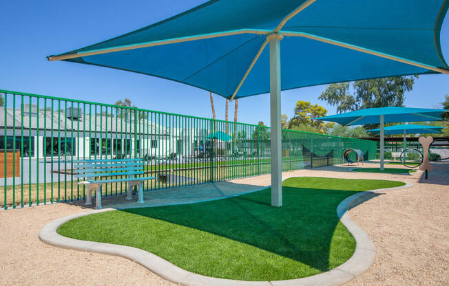 a grassy area with benches and umbrellas