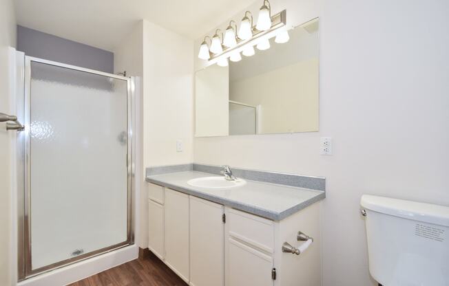 a bathroom with a toilet sink and shower