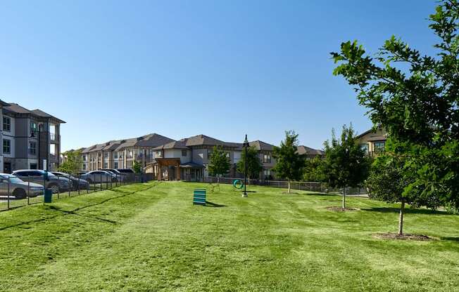 A grassy park with a few trees and a fence with cars parked behind it.
