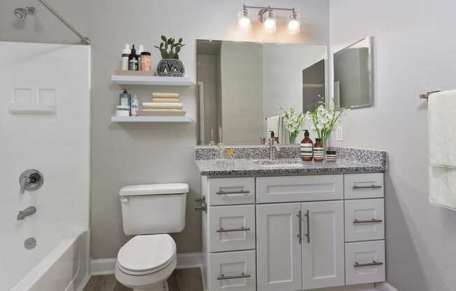 Bathroom with vanity and large mirror at The Reserve at Mayfaire Apartments, Wilmington NC