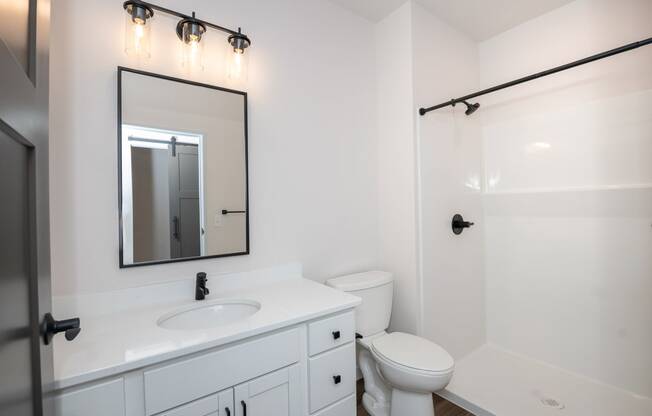 a bathroom with a white sink and toilet and a shower at The Crossings at Windsong, Prescott Valley, 86314