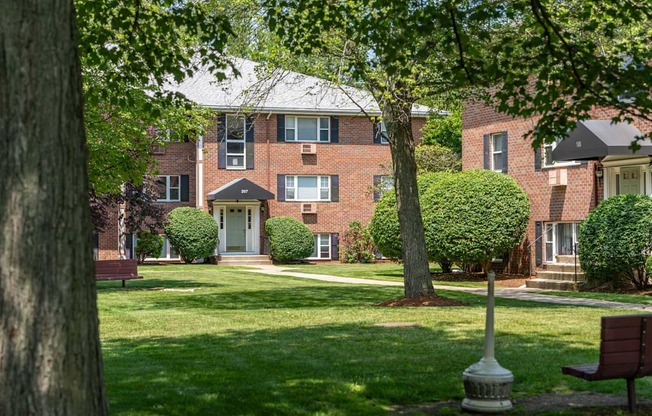 Town estates courtyard and lush landscapes with apartment buildings