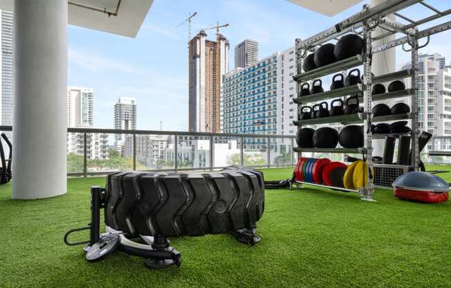 a gym with a view of the city