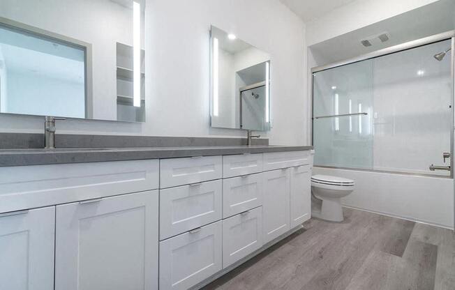 Bathroom with cabinets at Montecito Apartments at Carlsbad, California, 92010