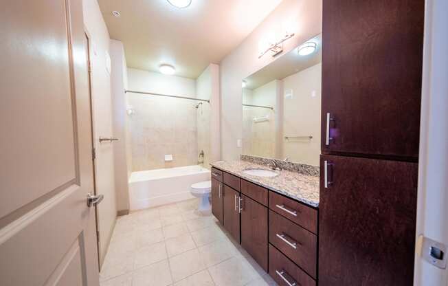 a bathroom with a sink and a shower and a toilet