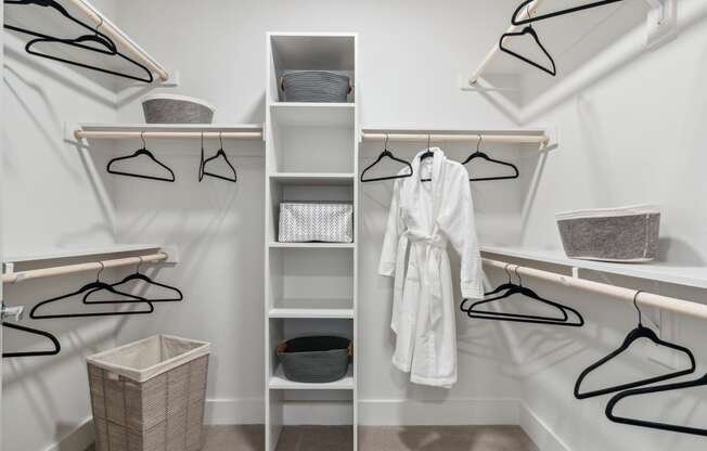 a walk in closet with white walls and shelves and a closet organizer with white clothes