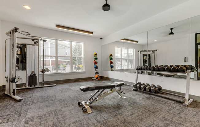 a workout room with weights and mirrors at the enclave at woodbridge apartments in sugar land,