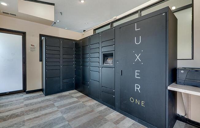 Metalic lockers with the words "Luxer One" written on them