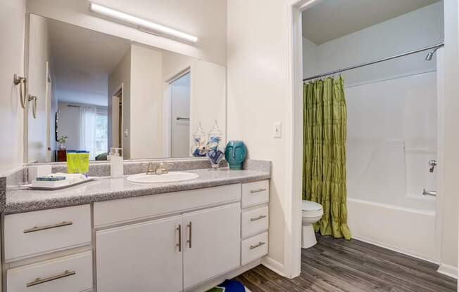 A bathroom with a white vanity and a green shower curtain.