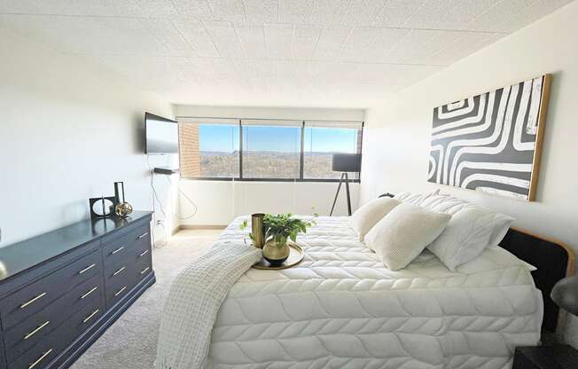a bedroom with a large bed and a dresser
