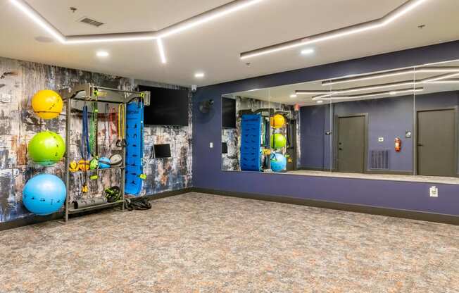 the fitness center has a gym with a blue wall and colorful balls