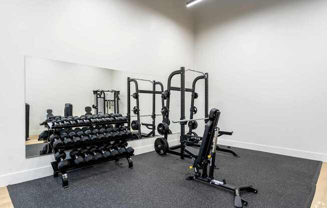 A gym with a mirror, dumbbells, and weight machines.