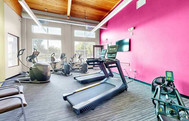 A gym with a variety of equipment including treadmills, stationary bikes, and weights.