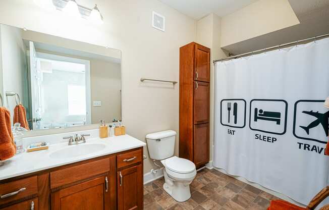 a bathroom with a shower curtain and a sink and a toilet