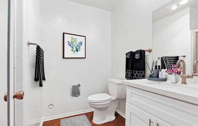 a bathroom with white walls and wood floors and a white toilet next to a sink with a