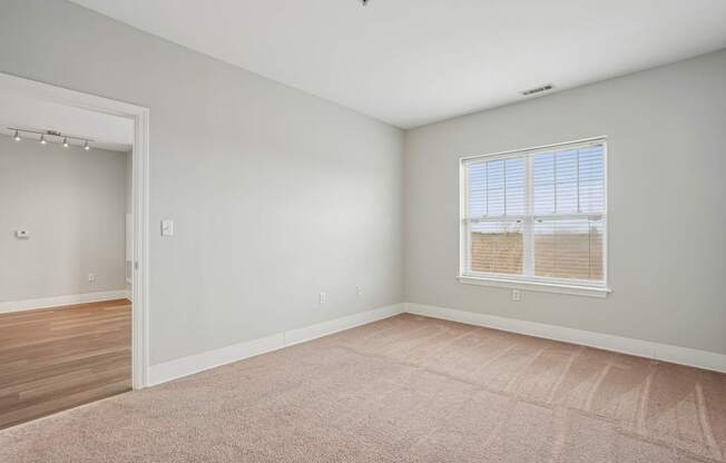 A room with a window and a carpeted floor.