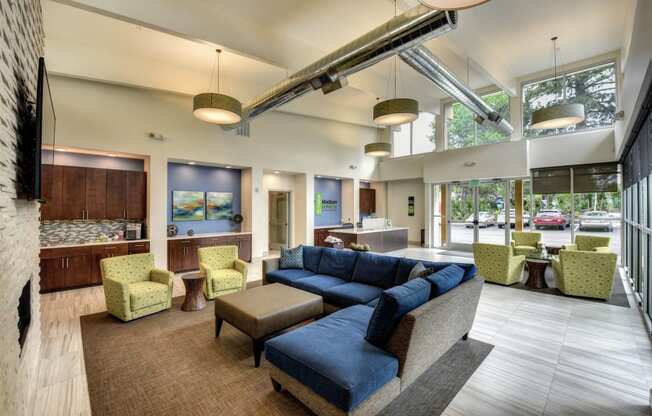 Community Clubhouse Lounge with Lime Sofa Chairs, Blue Sofa Chairs and Rug