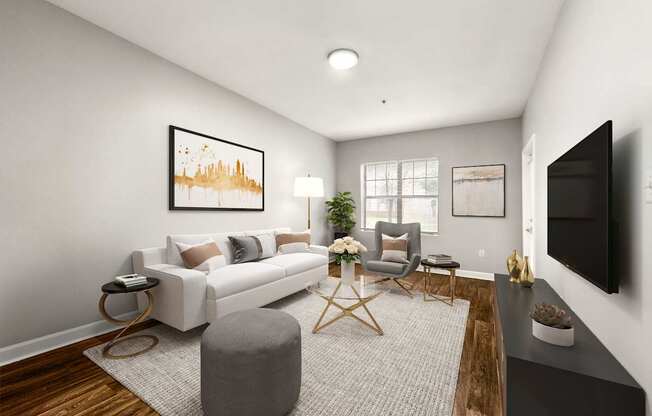 A modern living room at Crogman School Lofts, Atlanta GA 30315