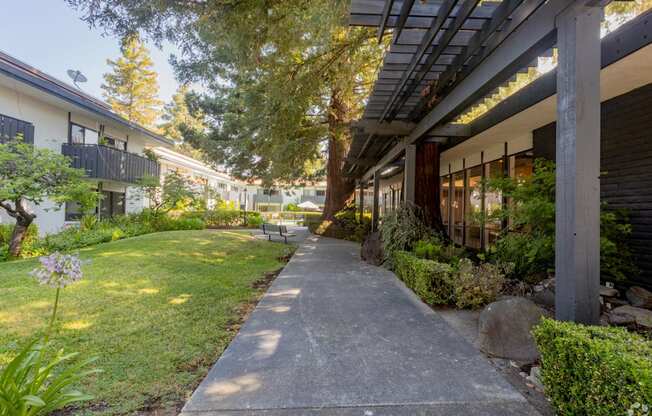 a sidewalk in front of a building with grass and trees