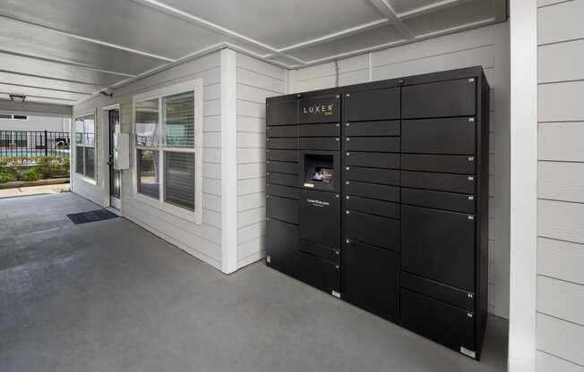 a row of lockers in front of a building