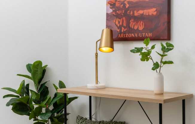 a console table with a lamp and plants in a living room