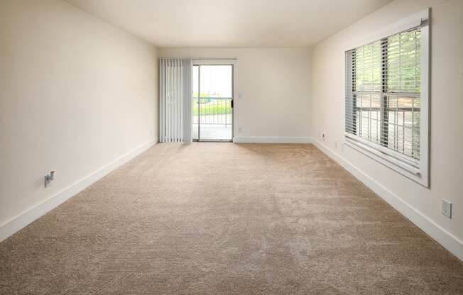 A room with a carpeted floor and a sliding glass door.