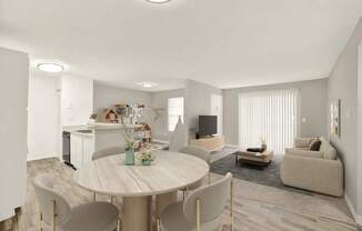 A modern living room with a dining table and chairs.