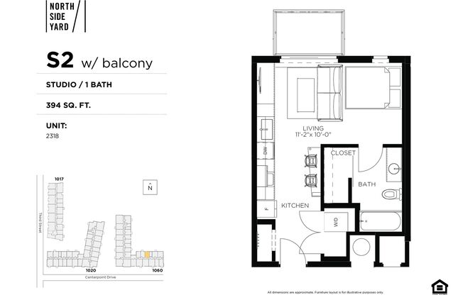 Studio, 1 bath, 394 sqft, $1,100, Unit 2418