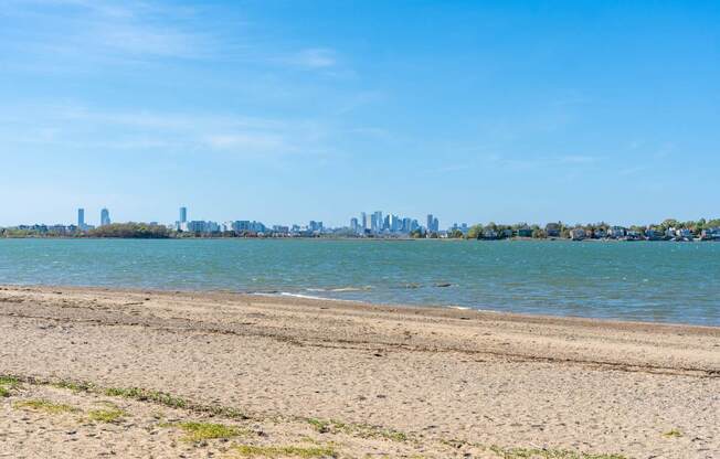 A beach with a city skyline in the background.