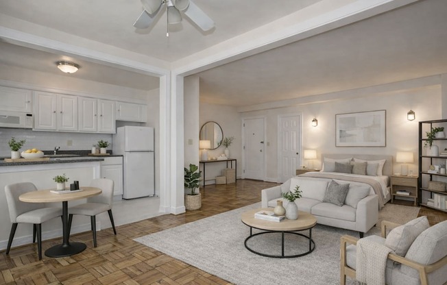 A modern living room with a dining table and a couch.
