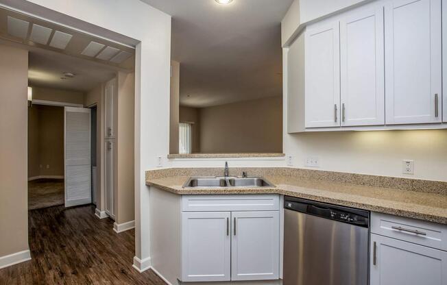 a kitchen with a sink and a mirror