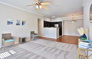 A1 living room with a ceiling fan and a grey carpet at The Inverness Apartments in Houston, TX