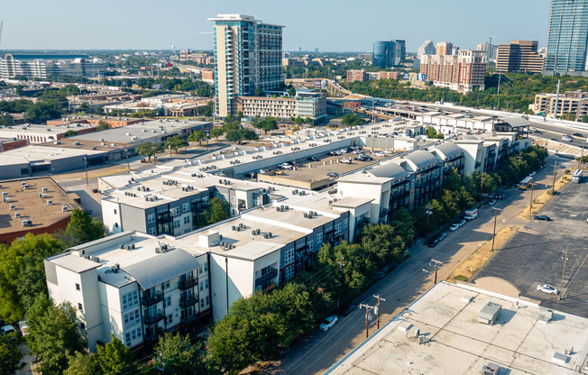 a view of the city from the top of a building