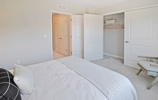 a bedroom with a bed and closet and a closet door open