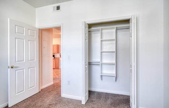 a bedroom with a closet and an open door