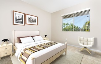 a FountainGlen Temecula bedroom with a bed and a chair