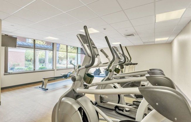 the gym at the runnymede building has a row of exercise