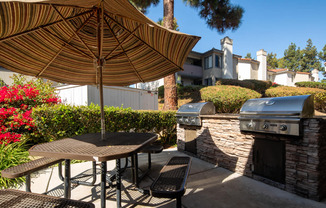 A patio with a table and chairs under a parasol.