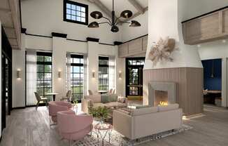 A modern living room with a fireplace and a large window.