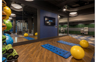 a view of the fitness center with yoga mats and exercise balls at Shearwood Station, New Rochelle, NY