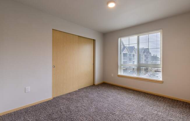 A brightly lit bedroom with a closet