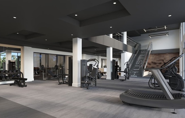 A gym with treadmills, weights, and exercise equipment.