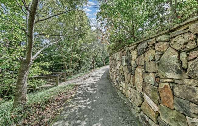 a path next to a stone wall and trees