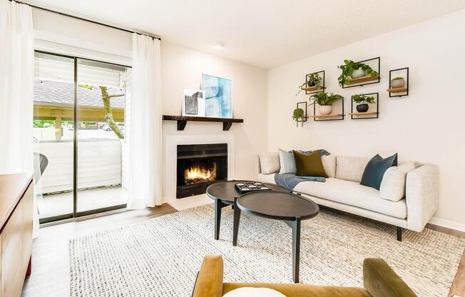 Staged living room with fireplace and patio door at Rainbow Ridge Apartments in Kansas City, Kansas