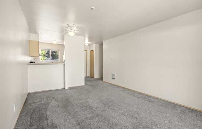 a living room with white walls and gray carpet at Mill Pond Apartments, Auburn, 98092