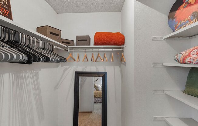 a hallway with a mirror and a closet with shelves