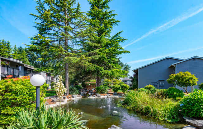 a garden with a pond and trees in front of houses