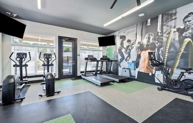 a gym with exercise equipment and a mural on the wall