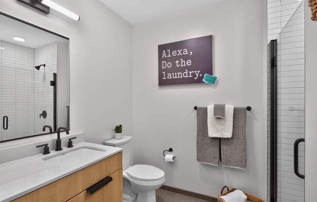 A modern bathroom at The Indie in Allston.
