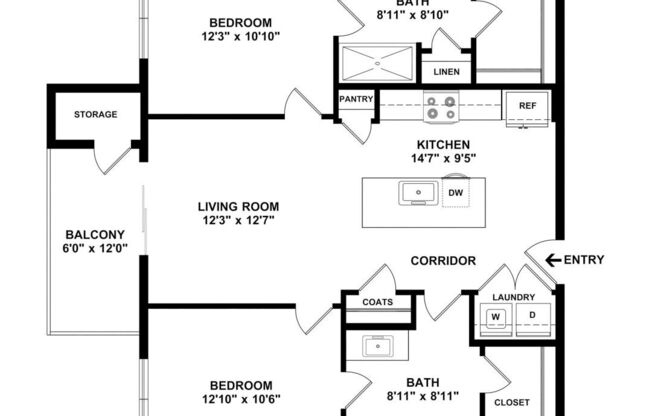 2 beds, 2 baths, 962 sqft, $1,801